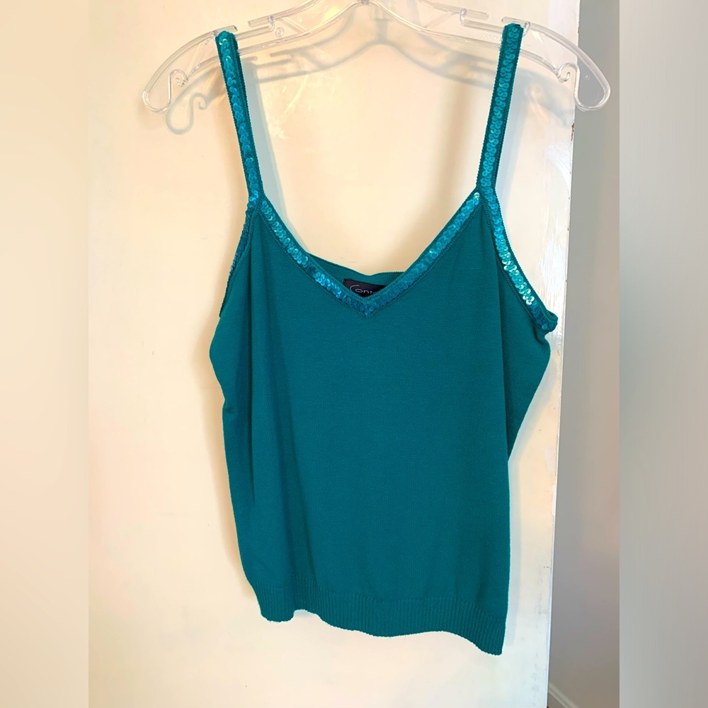 Sequin edge, turquoise green knit tank top. Perfect for dressing up or down.